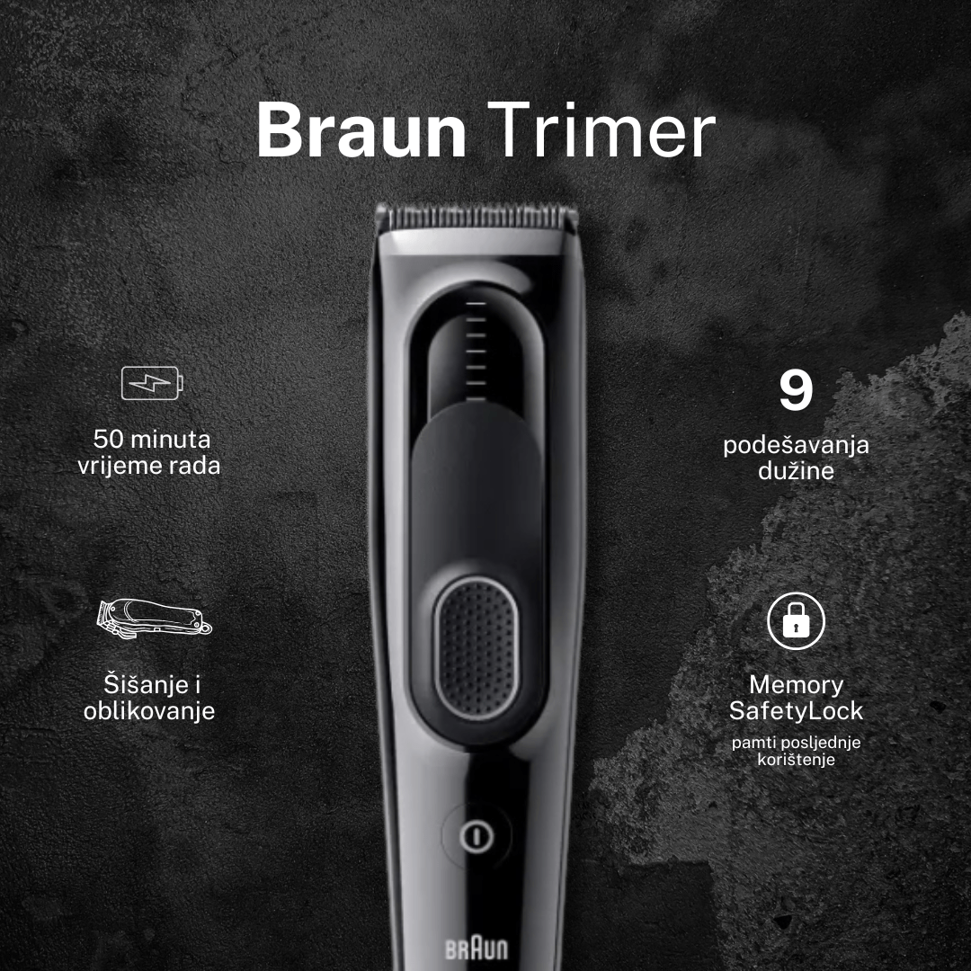 Braun HC5310 trimer za šišanje kose – Serija 5, bežični rad 50 min, 9 podešavanja dužine