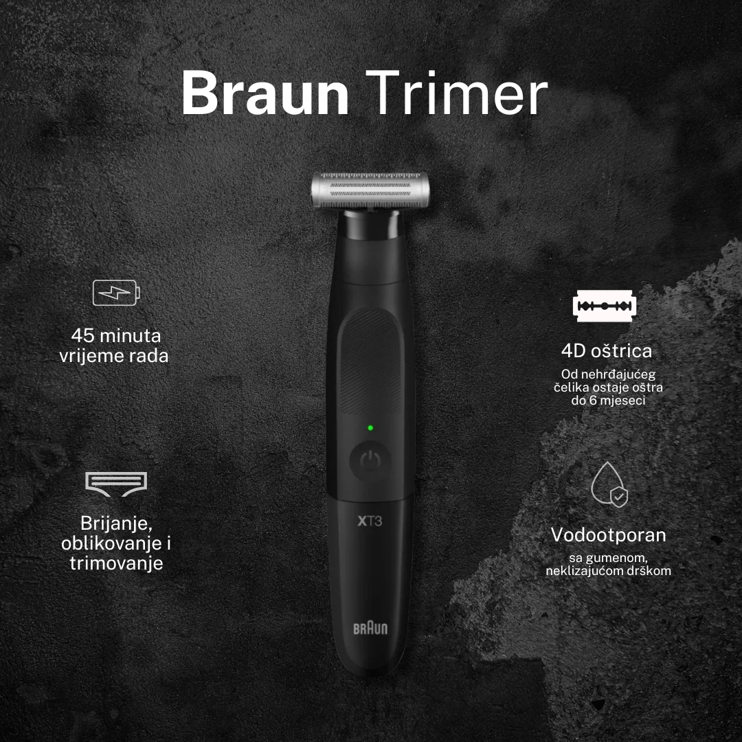 Braun Series XT3100 – trimer i brijač za lice i tijelo, 3-u-1, bežični rad 45 min, vodootporan