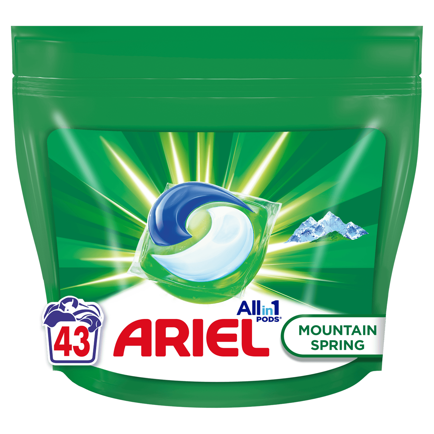 Ariel All-in-1 PODS Mountain Spring za pranje rublja, 43 kapsule, prikazane u pakiranju s istaknutim brendom P01.