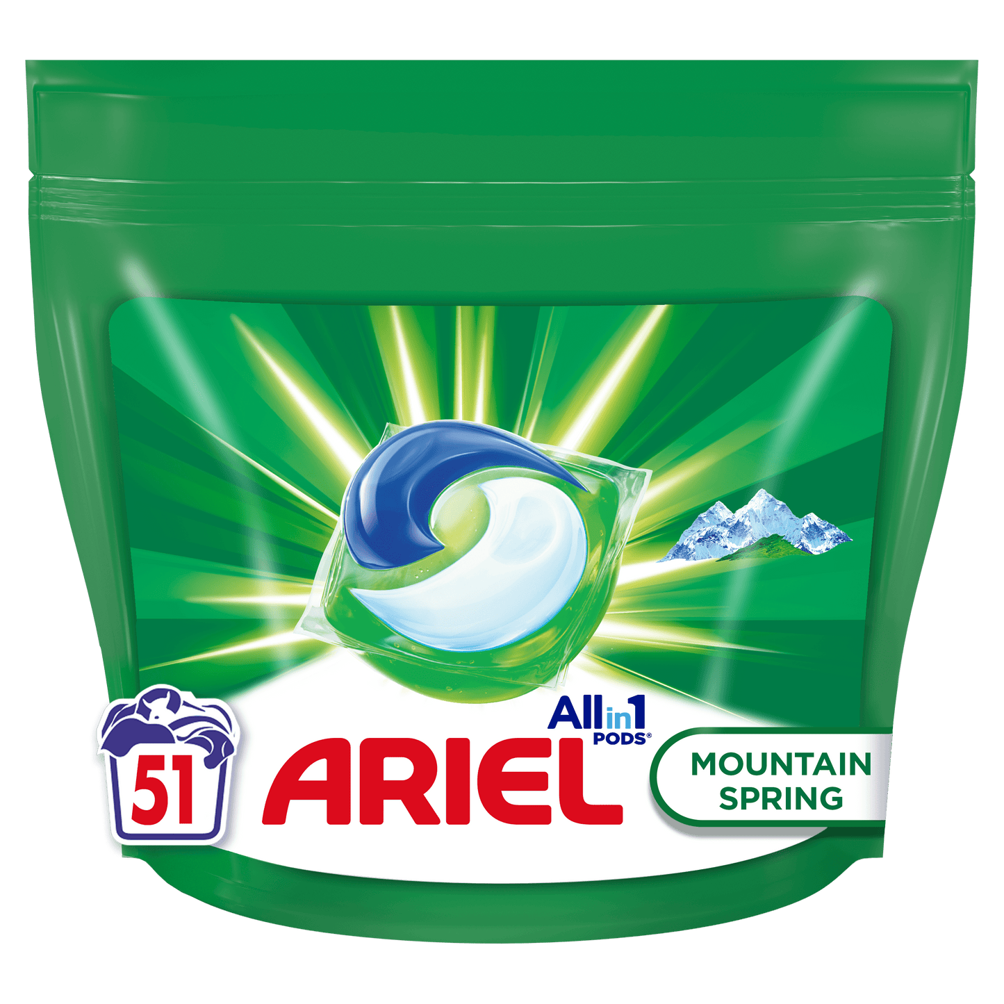 Ariel All-in-1 PODS Mountain Spring, set od 51 kapsula za pranje rublja s osvježavajućim mirisom planinske izvorske vode.