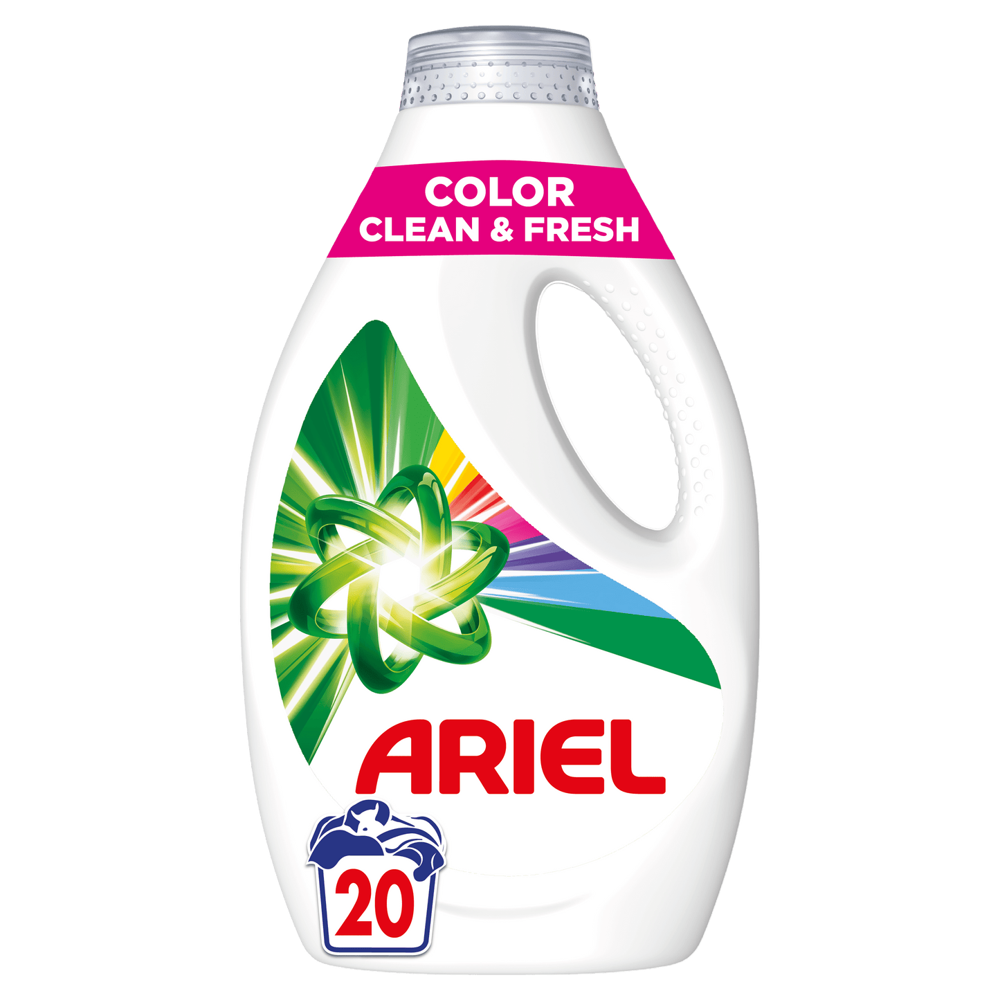 Ariel Color Clean & Fresh deterdžent za obojeno rublje, boca s plavom tekućinom i oznakama za osjetljive boje, prikaz na slici.