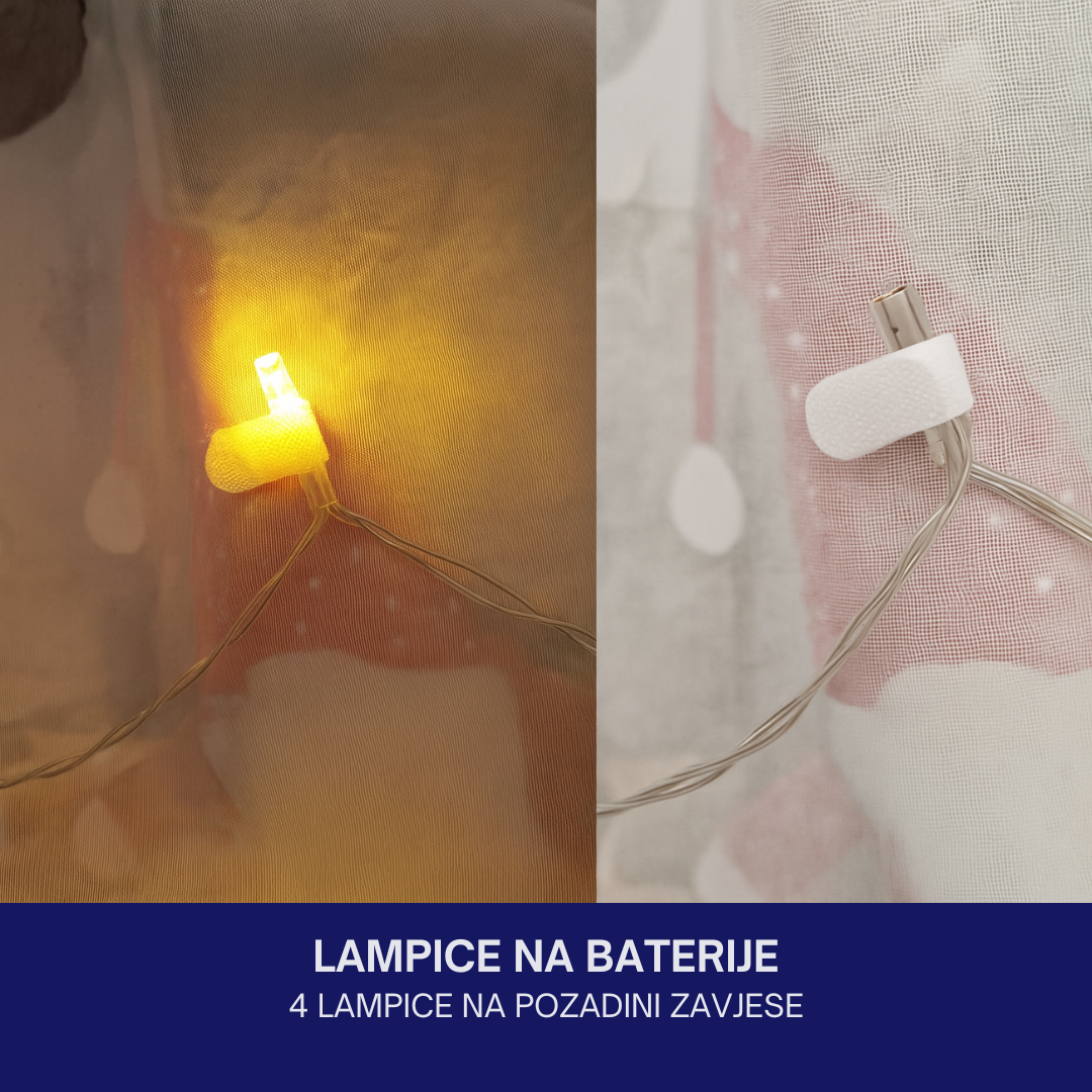 Dekorativna zavjesa s LED lampicama – motiv patuljka i zimski motivi, 100% poliester