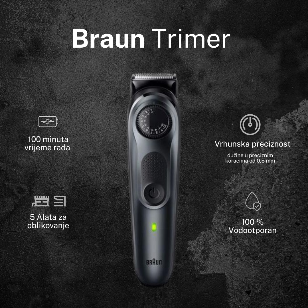 Braun BT5420 – trimer za bradu s 40 postavki dužine, 5 nastavaka i 100 min bežičnog rada, vodootporan