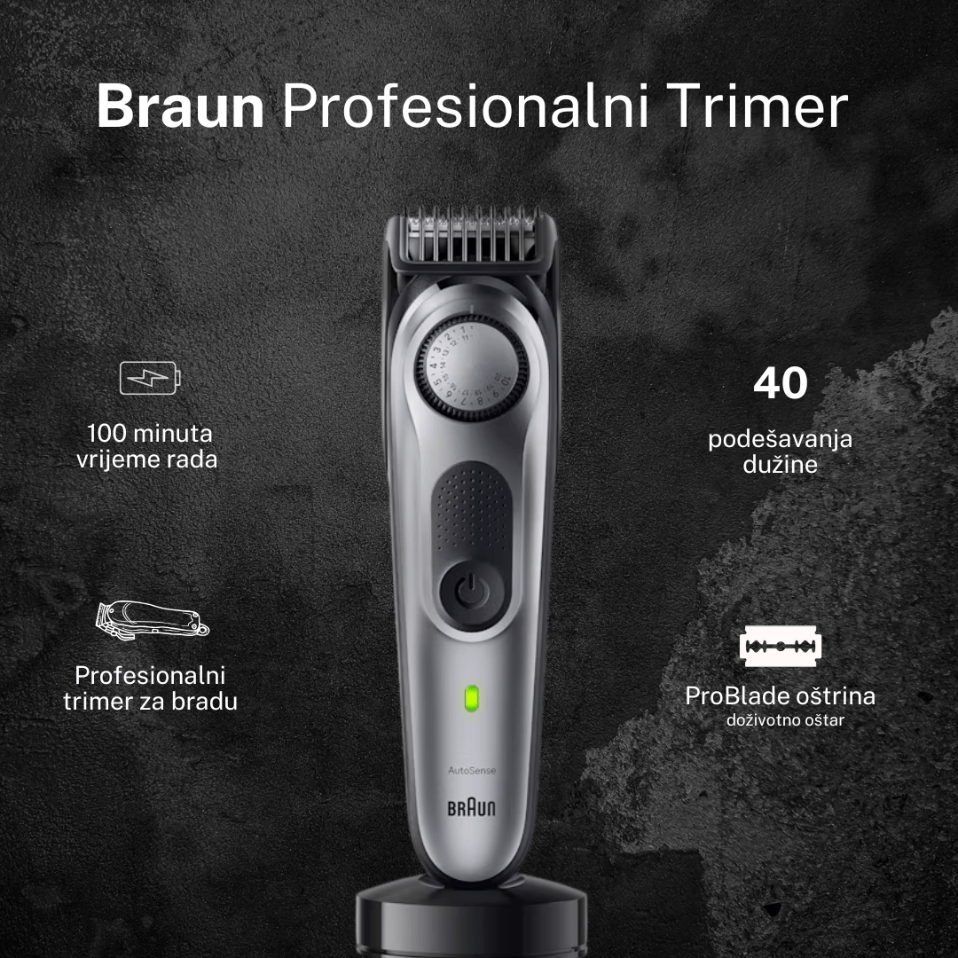 Braun BT7420 – trimer za bradu s 40 postavki dužine, AutoSense tehnologija i 100 min bežičnog rada, vodootporan