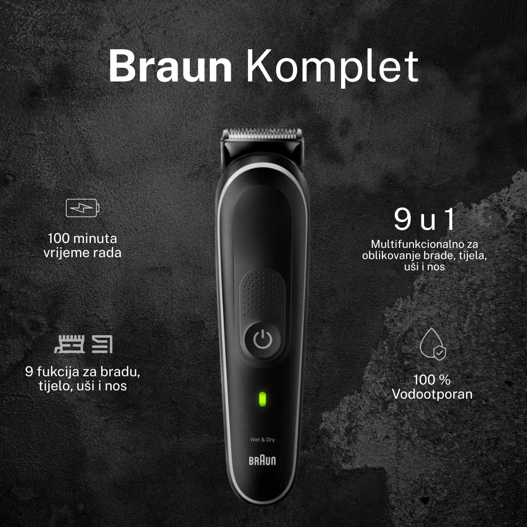 Braun MGK5410 – Sve u jednom trimer 9-u-1 za bradu, kosu i tijelo, 100 min bežičnog rada, vodootporan
