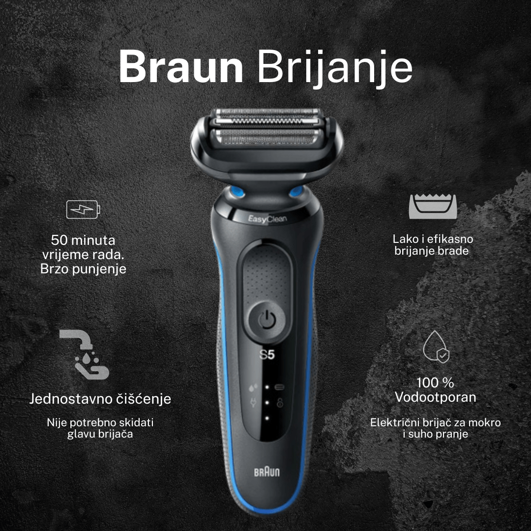 Braun Series 5 51-B1500s – električni brijač s fleksibilnim oštricama, AutoSense tehnologija, EasyClean, 50 min bežični rad, plave boje, vodootporan