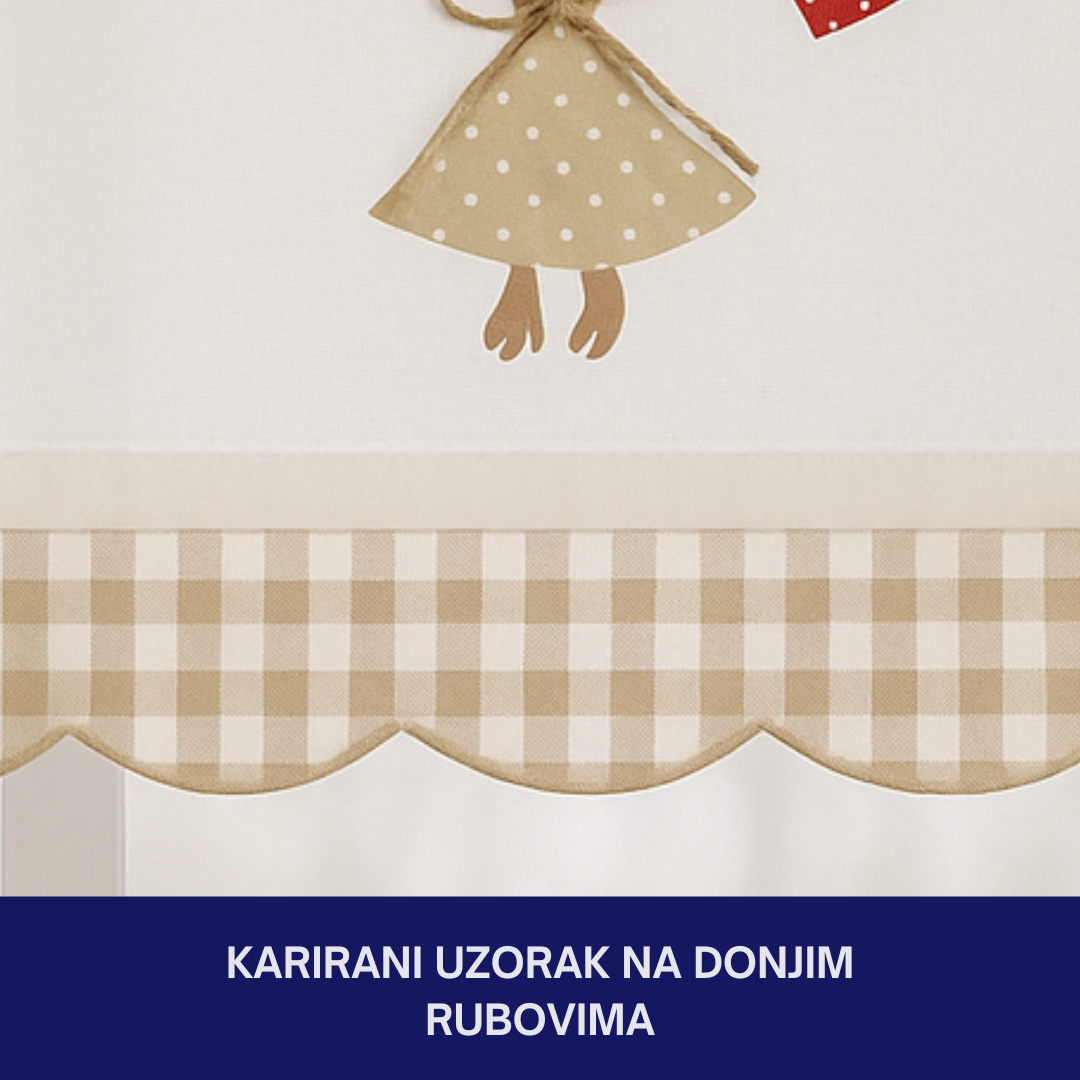 Dekorativna zavjesa sa zecom i srcima – 125x30 cm, bijela s kariranim rubom, 100% pamuk