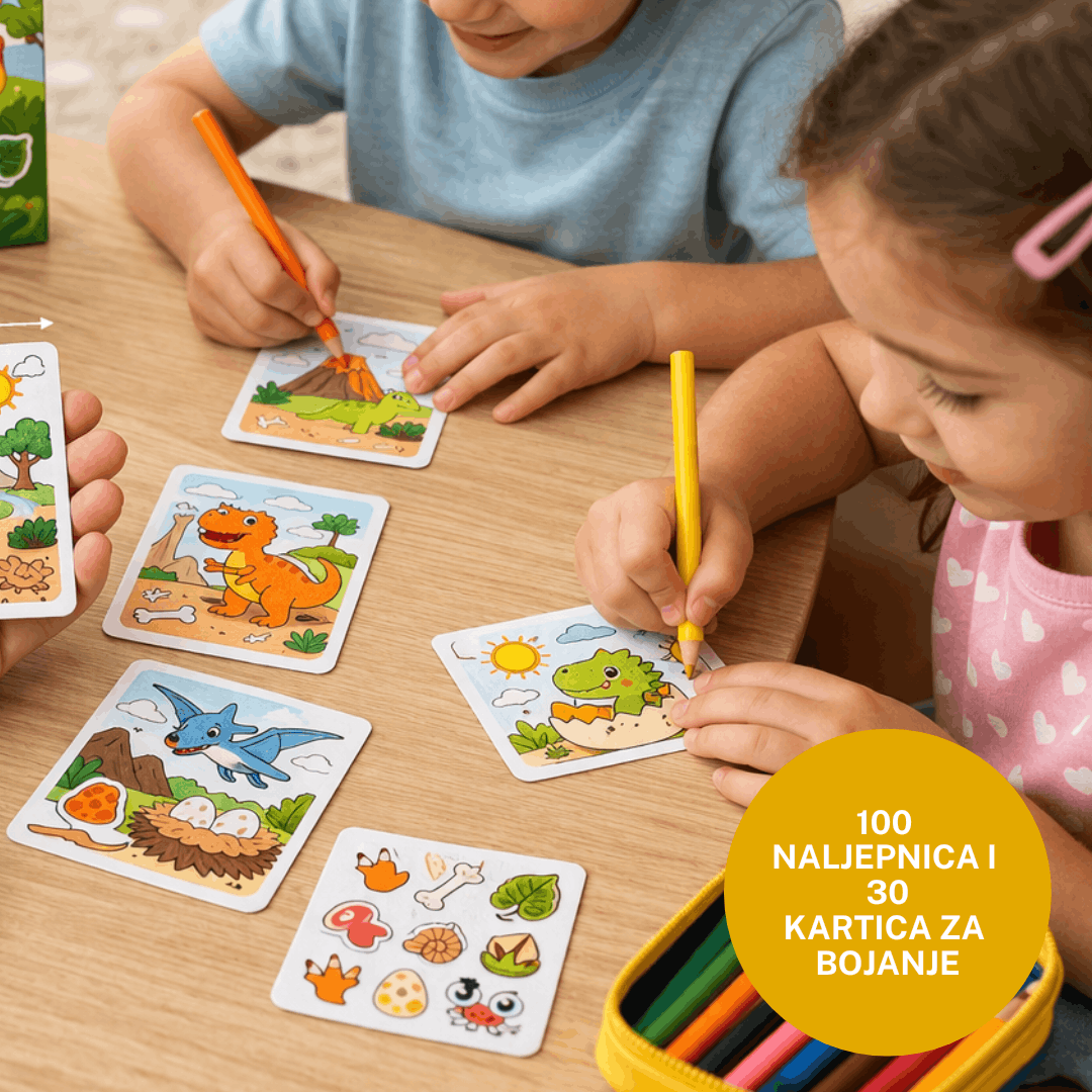 Dječije kartice za bojanje i naljepnice – Dino set za kreativnu igru | 4+ godine
