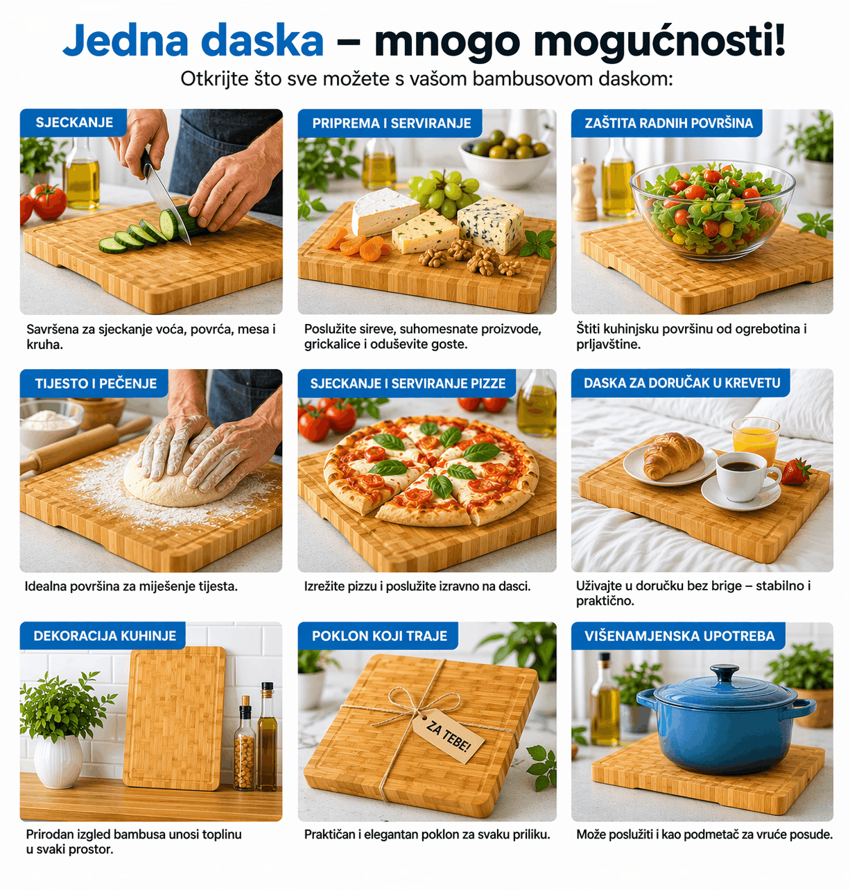 Masivna bambus daska za rezanje 30×40 cm, KLR brenda, prikazana na drvenoj radnoj površini.