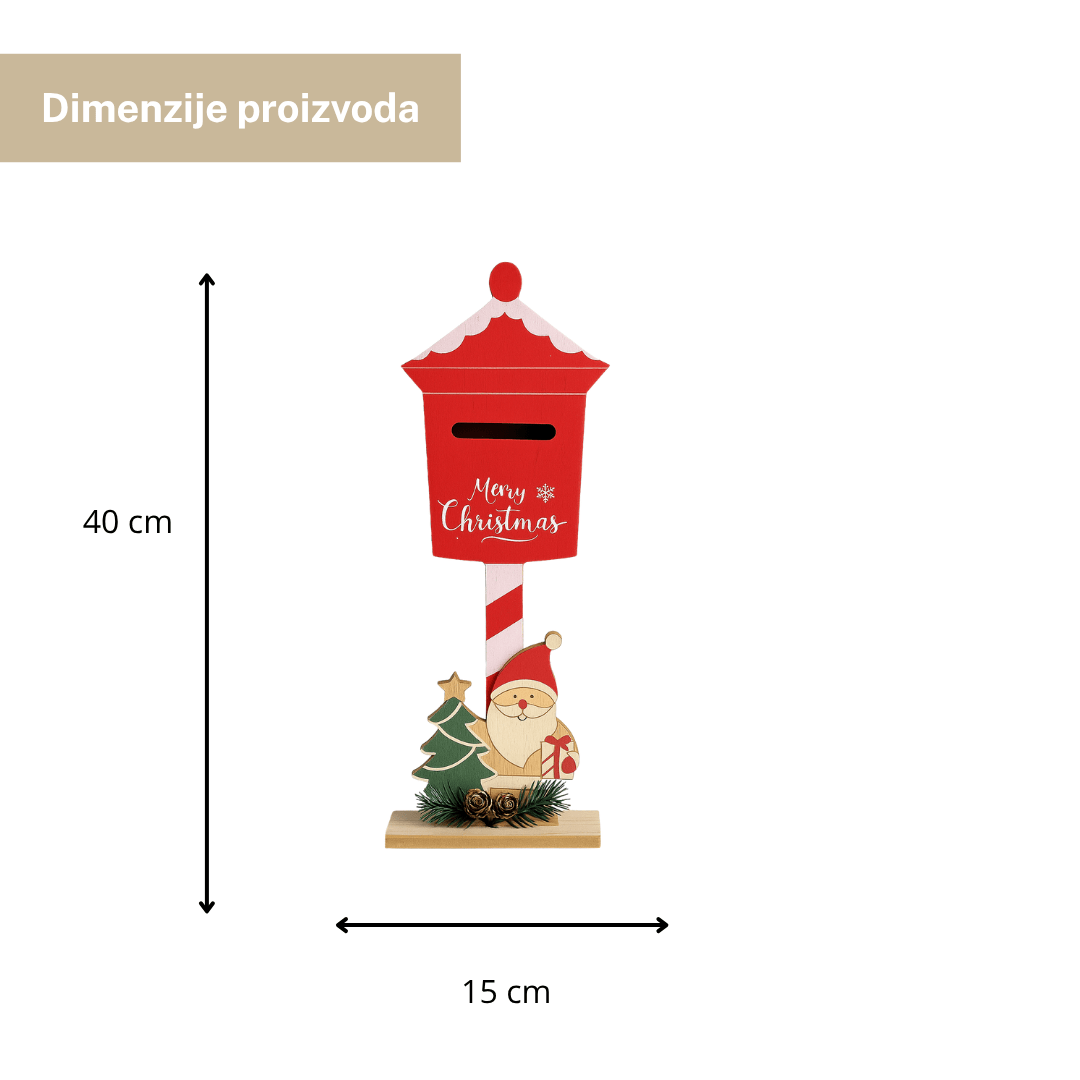Drvena ukrasna dekoracija – poštansko sanduče s motivom Djeda Mraza, stojeći ukras 40 cm