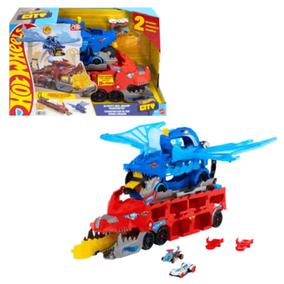 Hot Wheels Dual Dragon Transporter – staza sa zmajem, lansiranje 2 auta i skladištenje 20+ autića