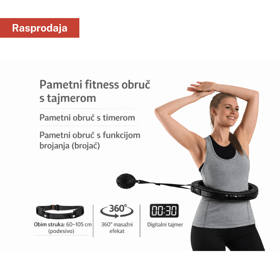 Crane pametni fitness hula hoop s timerom – 360° masažni efekat – podesiv obim 60–105 cm (tamno sivi)