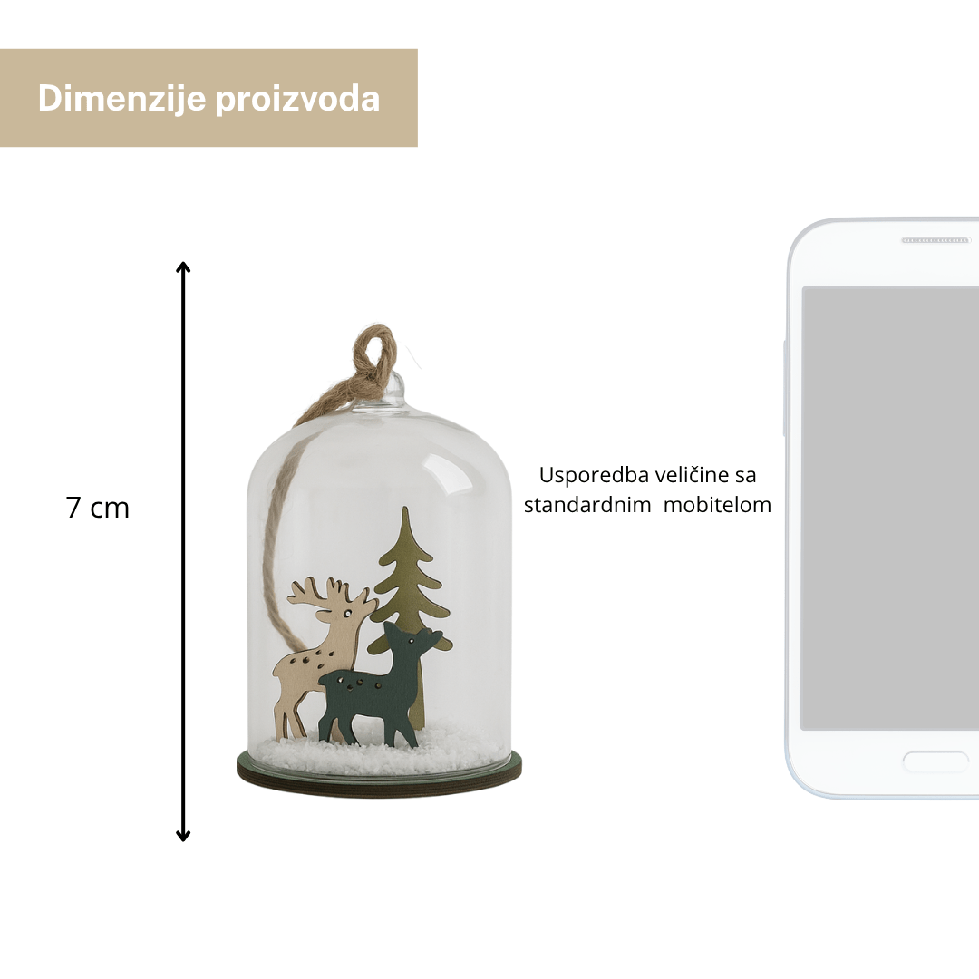 Mini dekoracija u staklenom zvonu – jelen i drvce s LED svjetlom, 7 cm