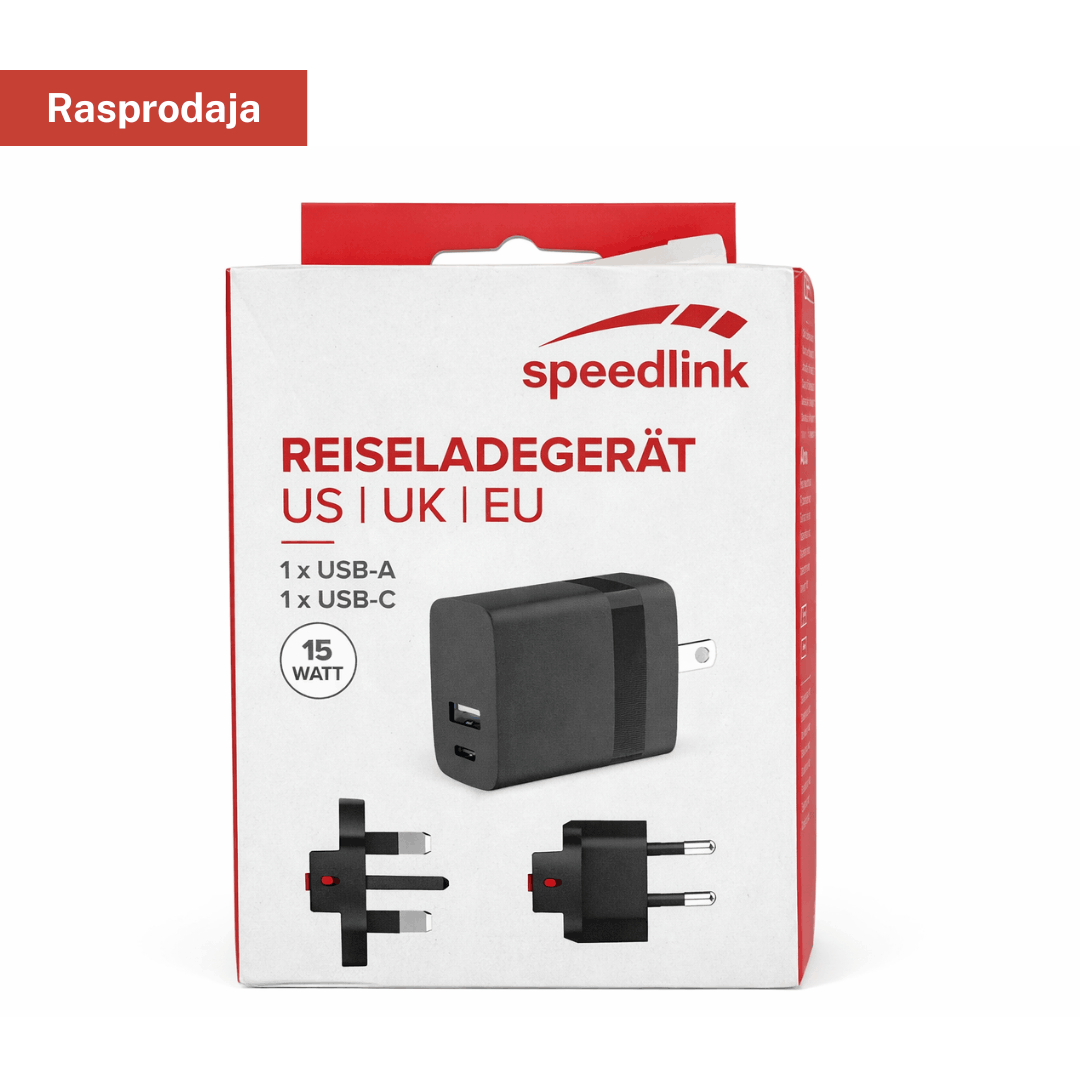 Speedlink putni punjač 15W – USB-A + USB-C, US/UK/EU adapteri (travel charger)
