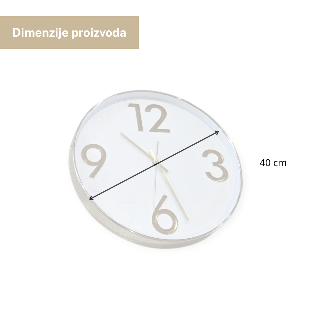 Zidni sat 40 cm zlatni – moderan bijeli sat s velikim brojevima
