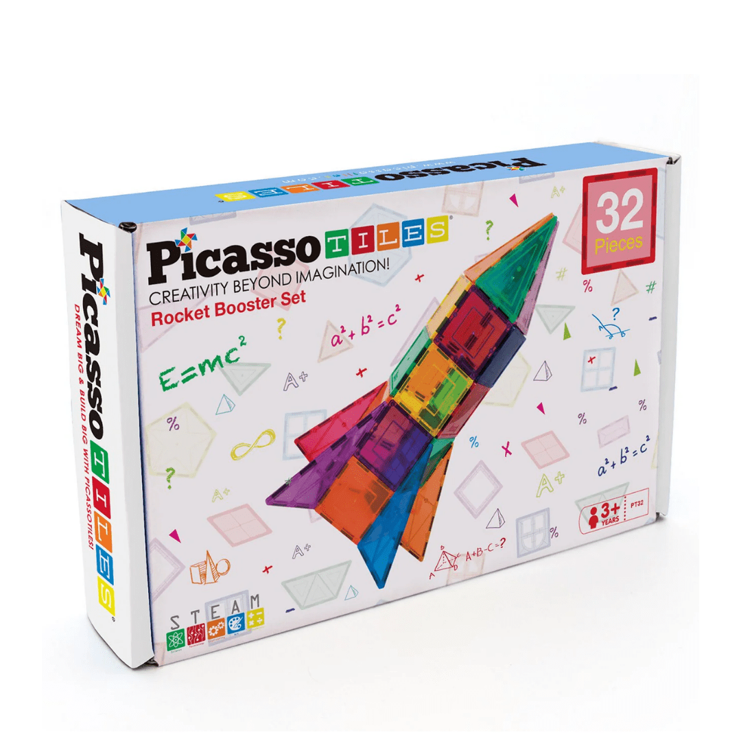 PicassoTiles magnetne kocke – Rocket Booster set (32 dijela, 3+) raketa od prozirnih pločica