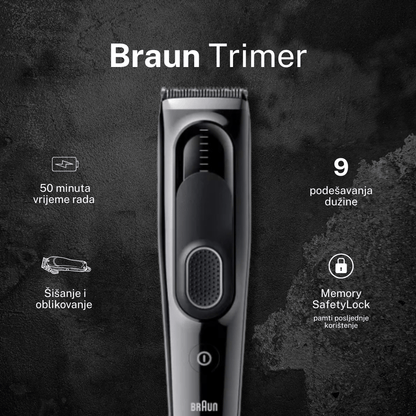 Braun HC5310 trimer za šišanje kose – Serija 5, bežični rad 50 min, 9 podešavanja dužine