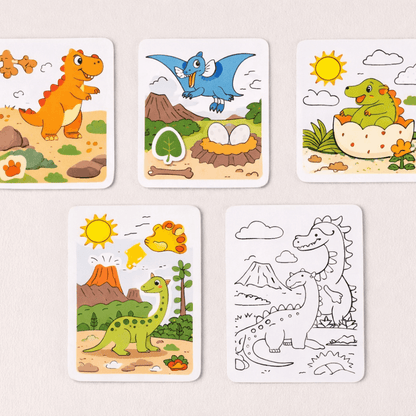 Dječije kartice za bojanje i naljepnice – Dino set za kreativnu igru | 4+ godine