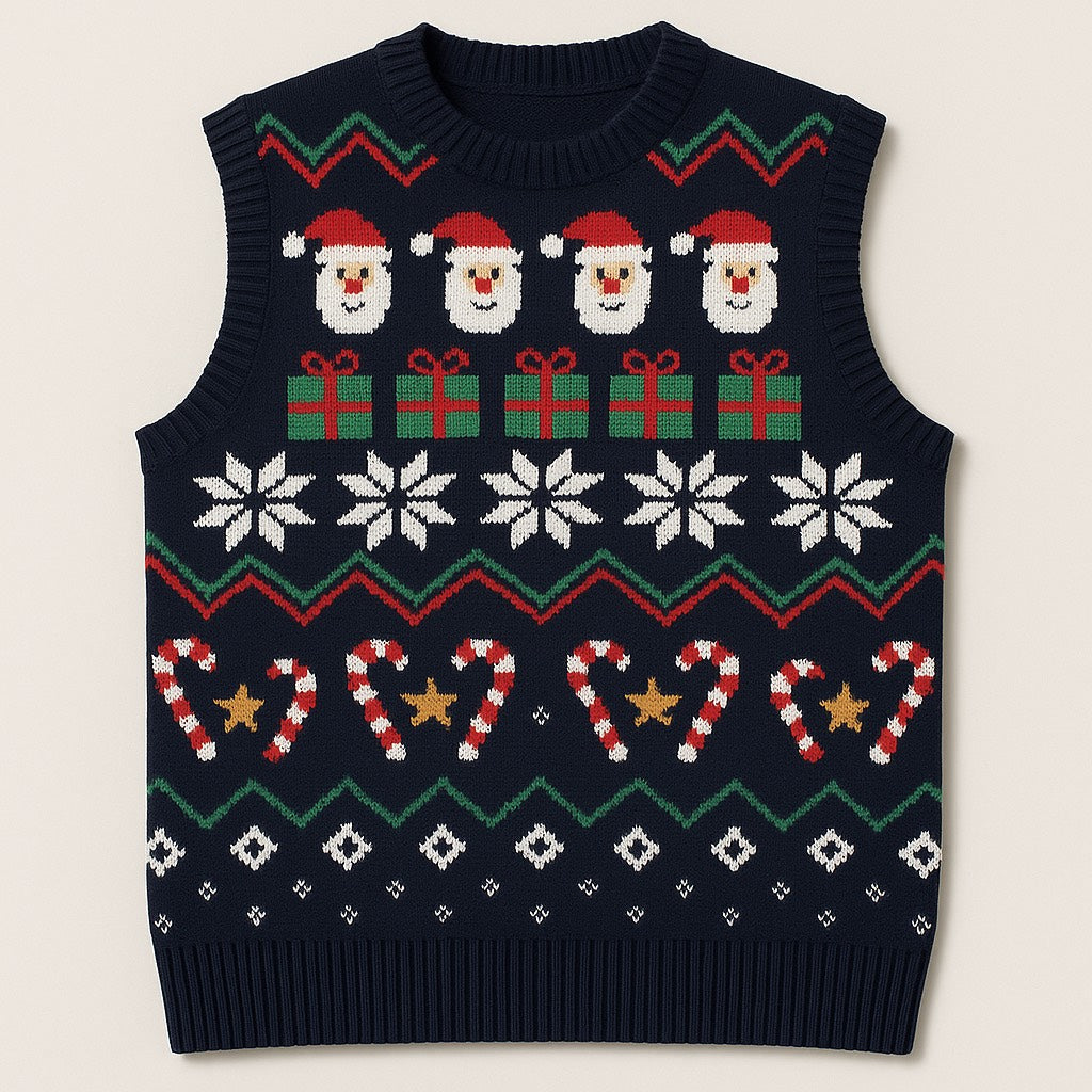 Dječiji pleteni prsluk bez rukava – tamnoplavi džemper s Djedom Mrazom i zimskim motivima