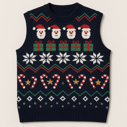 Dječiji pleteni prsluk bez rukava – tamnoplavi džemper s Djedom Mrazom i zimskim motivima