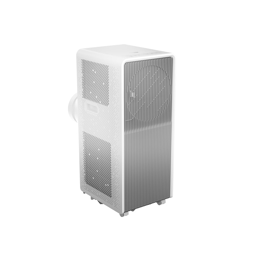 Mobilna klima Beko BP412C Omega prikazana s daljinskim upravljačem i ventilatorom, za hlađenje prostora.