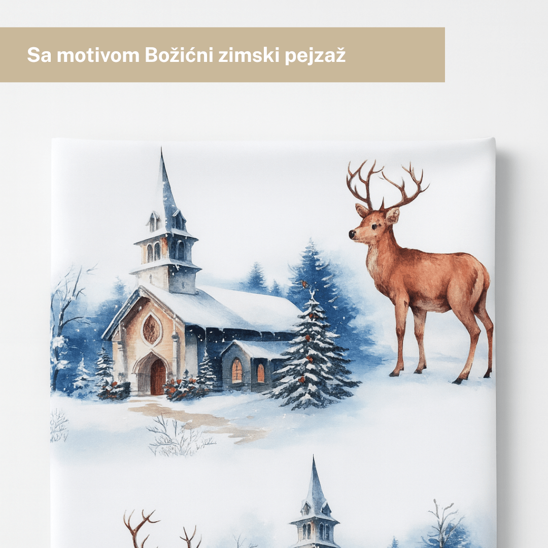 Božićni stolnjak Zimska kapelica i jeleni 140×220 cm