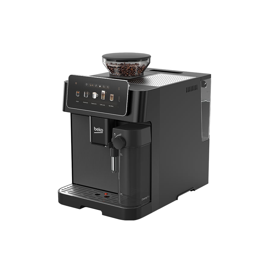 Automatski aparat za kavu Omega Beko CEG 8564 B s 19 bar, mlinom i pjenilicom za mlijeko, prikazan na slici.
