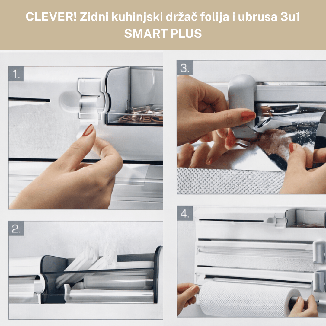 CLEVER! Zidni kuhinjski držač folija i ubrusa 3u1 SMART PLUS – dozator s rezačem, bijeli