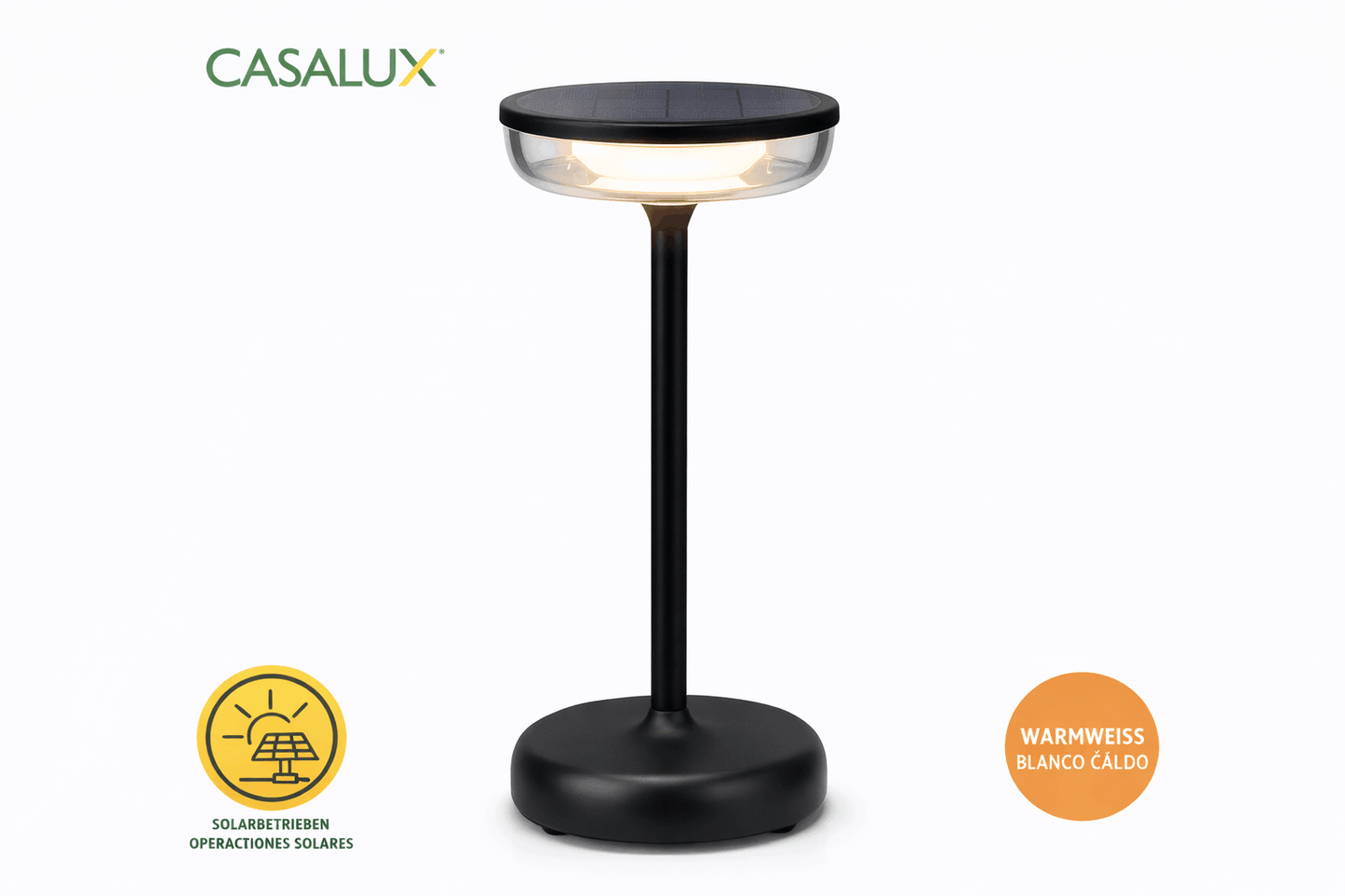 CASALUX solarna stolna lampa (punjiva) – toplo bijelo svjetlo, dimer (touch), IP44, USB-C, 2000 mAh, crna