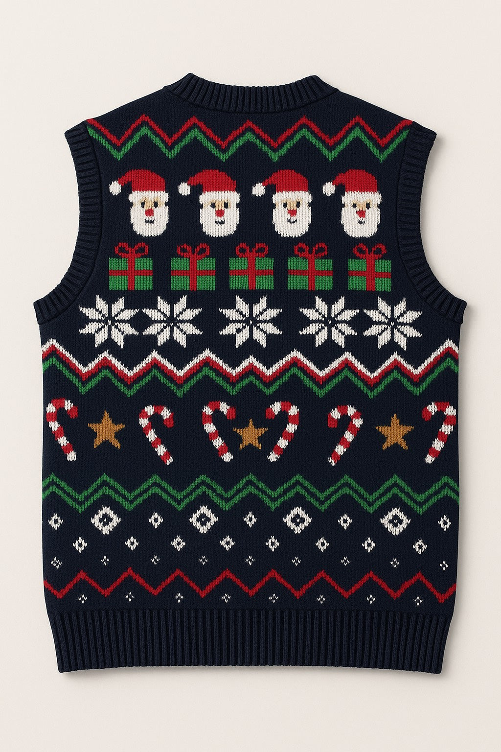 Dječiji pleteni prsluk bez rukava – tamnoplavi džemper s Djedom Mrazom i zimskim motivima