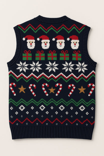 Dječiji pleteni prsluk bez rukava – tamnoplavi džemper s Djedom Mrazom i zimskim motivima