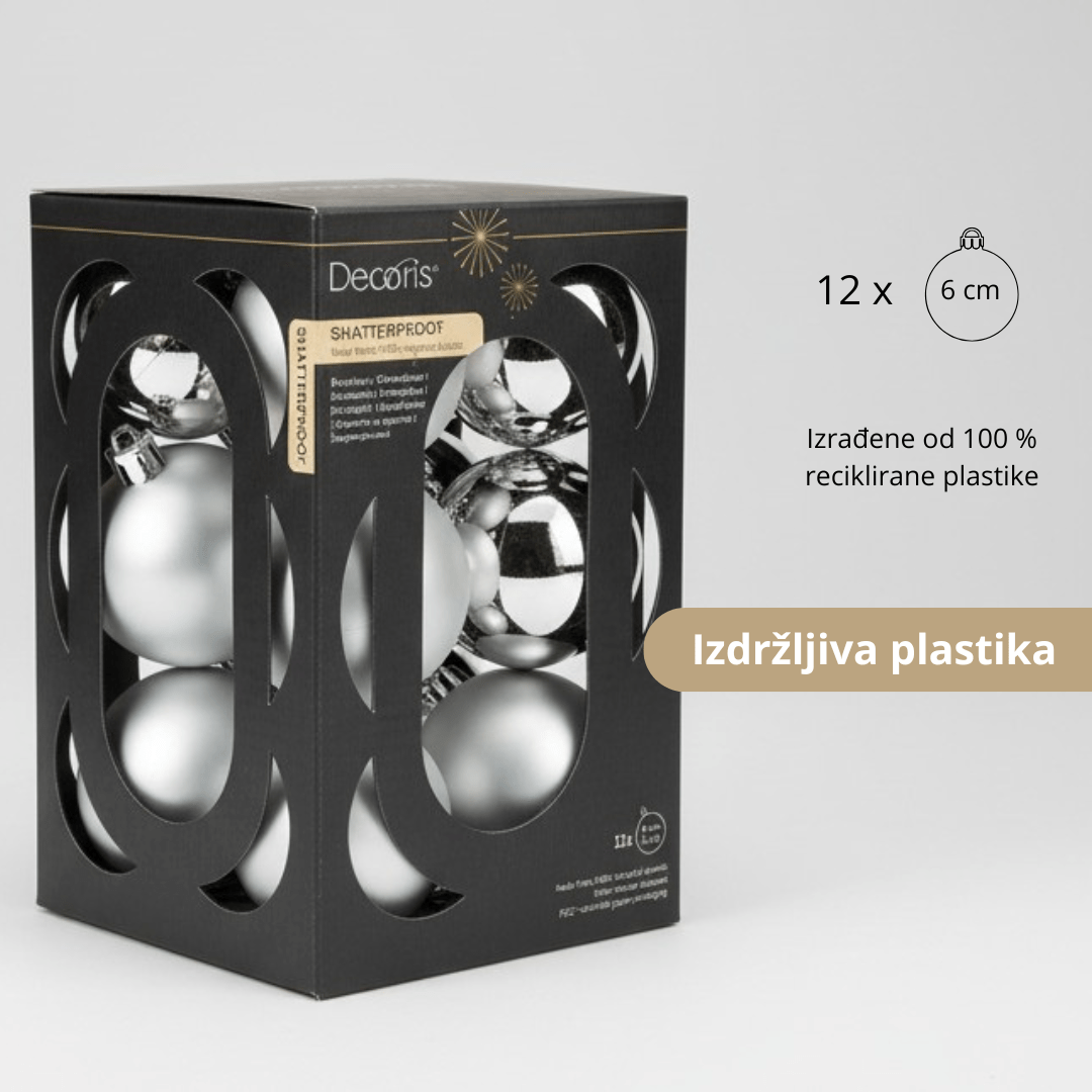 Decoris Božićna kugla od plastike Ø 6 cm – dekoracija za jelku pakovanje od 12 komada, srebrena