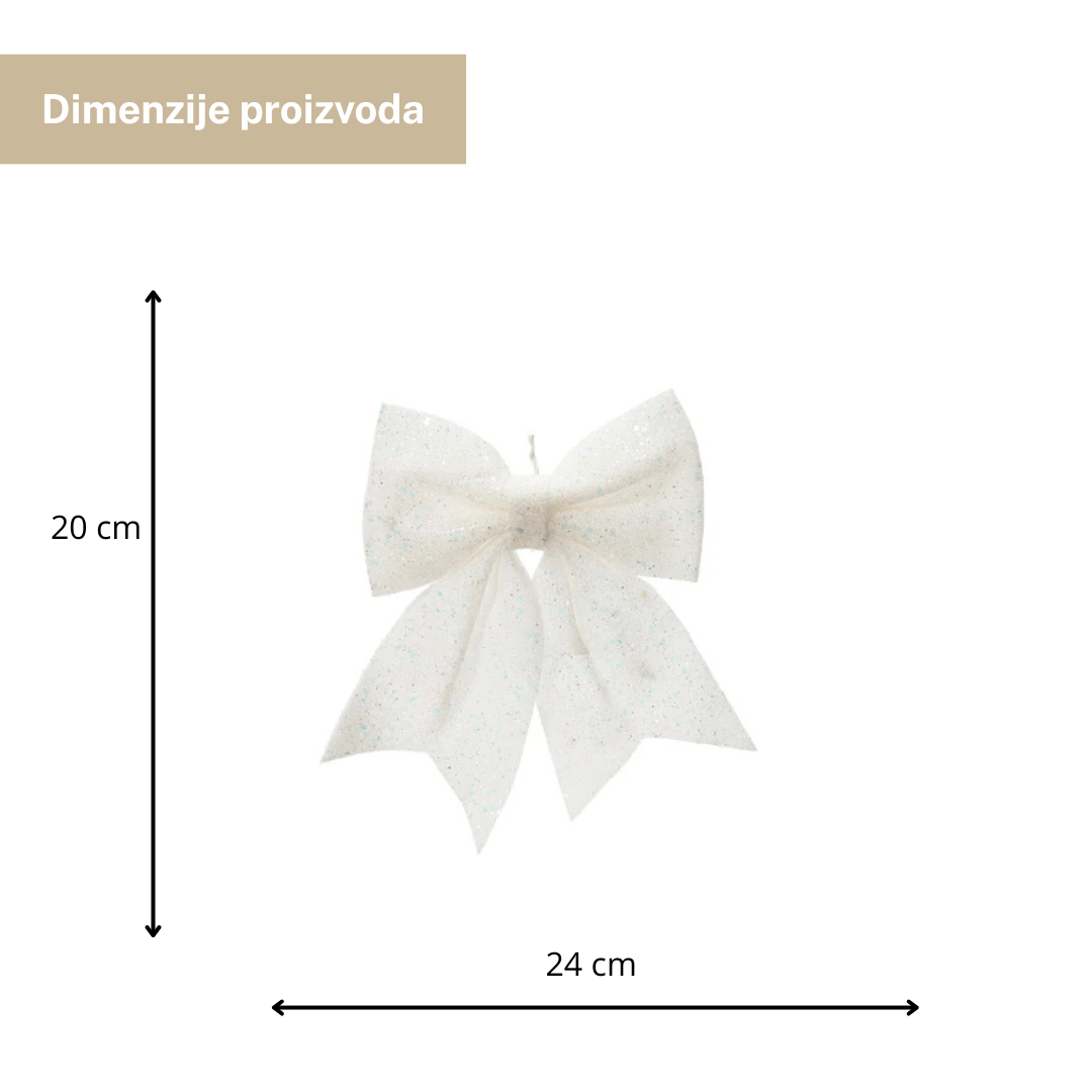 Decoris ukrasna mašna bijela s glitterom 20×24 cm – ukras za bor, vijence, girlande i poklone