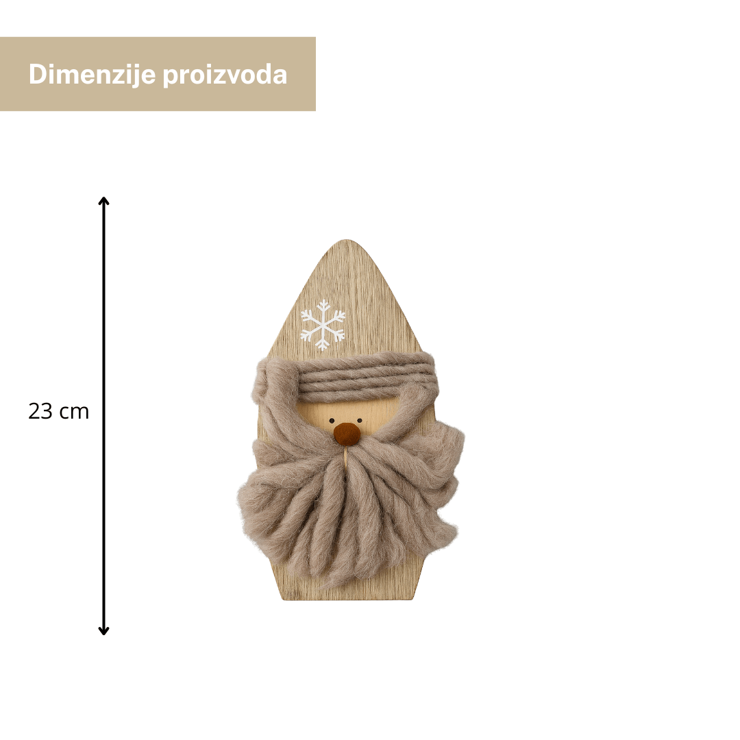 Drvena dekoracija Djed Božićnjak s vunenom bradom 23 cm