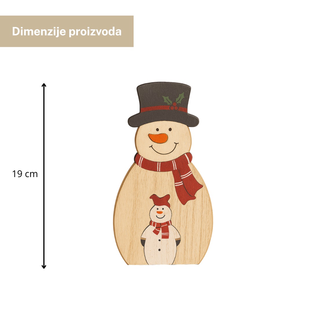 Drvena dekoracija Snjegović – stojeća božićno-novogodišnja figura za interijer 19 cm