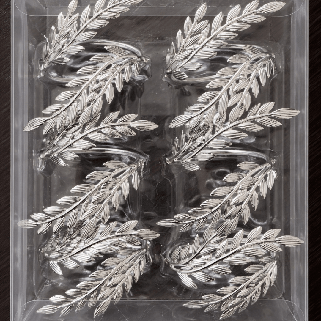 Držači za salvete – srebrni prstenovi s motivom lista, set 6 kom