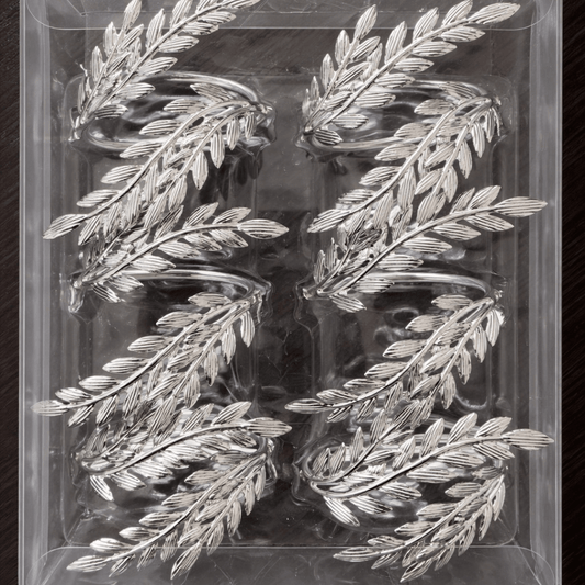 Držači za salvete – srebrni prstenovi s motivom lista, set 6 kom