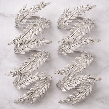 Držači za salvete – srebrni prstenovi s motivom lista, set 6 kom