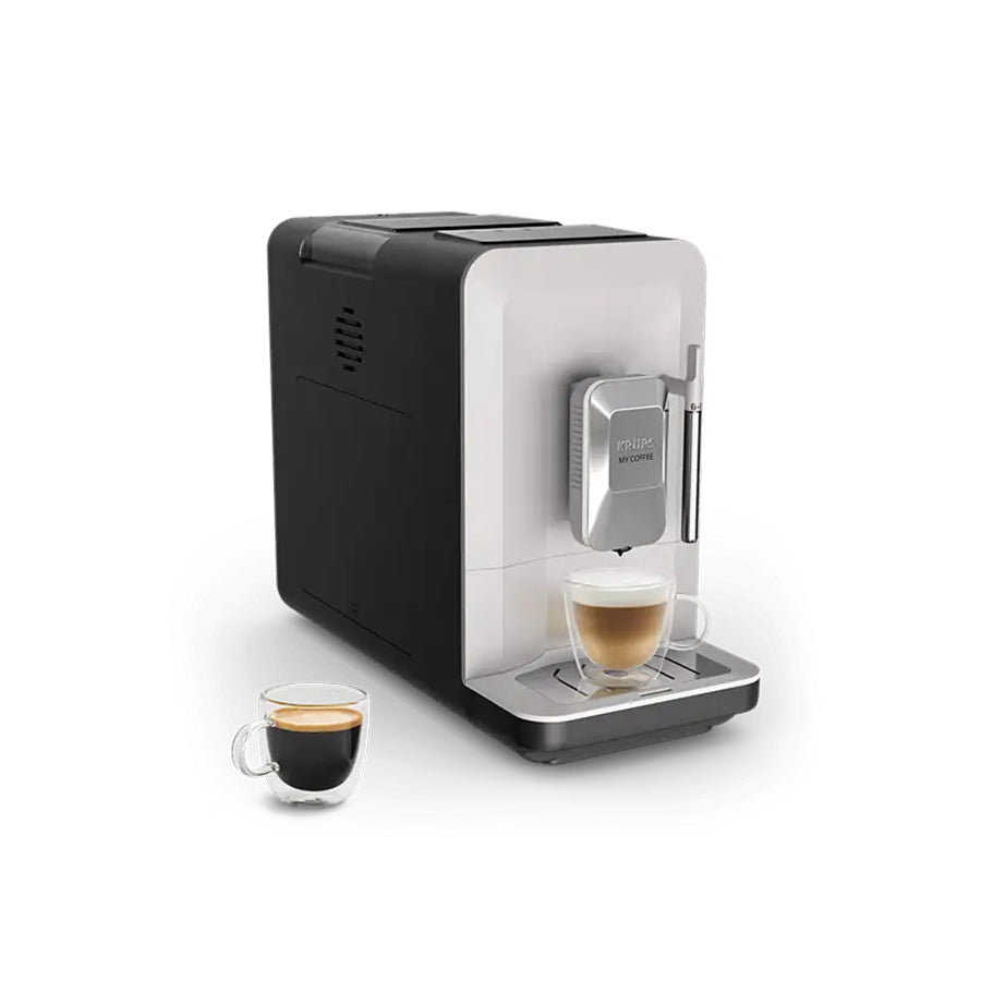 Automatski aparat za espresso kavu Omega Krups EA201BE0 s crnim dizajnom i kompaktnim izgledom, prikazan na slici