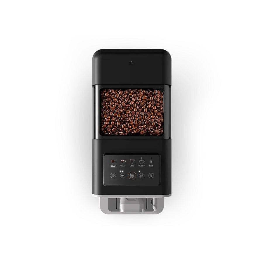 Automatski espresso aparat Omega EA201BE0 s metalnim gumbima i kompaktnim dizajnom za kućnu upotrebu.