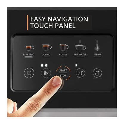 Automatski aparat za espresso kafu Omega EA201BE0, prikaz na slici s inox izgledom i kontrolnim gumbima