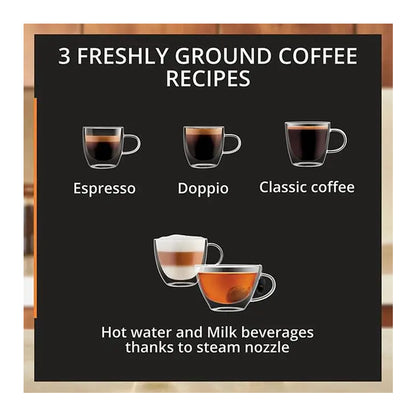 Automatski aparat za espresso kafu Omega EA201BE0, crni s moka komorom i kontrolnim gumbima na prednjoj strani