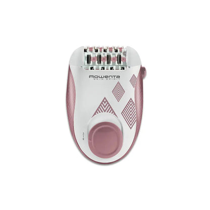 Omega epilator Rowenta EP2900F1 s prikazom uređaja za uklanjanje dlaka, s priključkom i funkcijama na bočnoj strani.