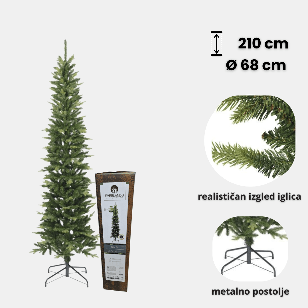 Everlands Slim Fir 210 cm – uska umjetna jelka, Ø 68 cm, metalno postolje