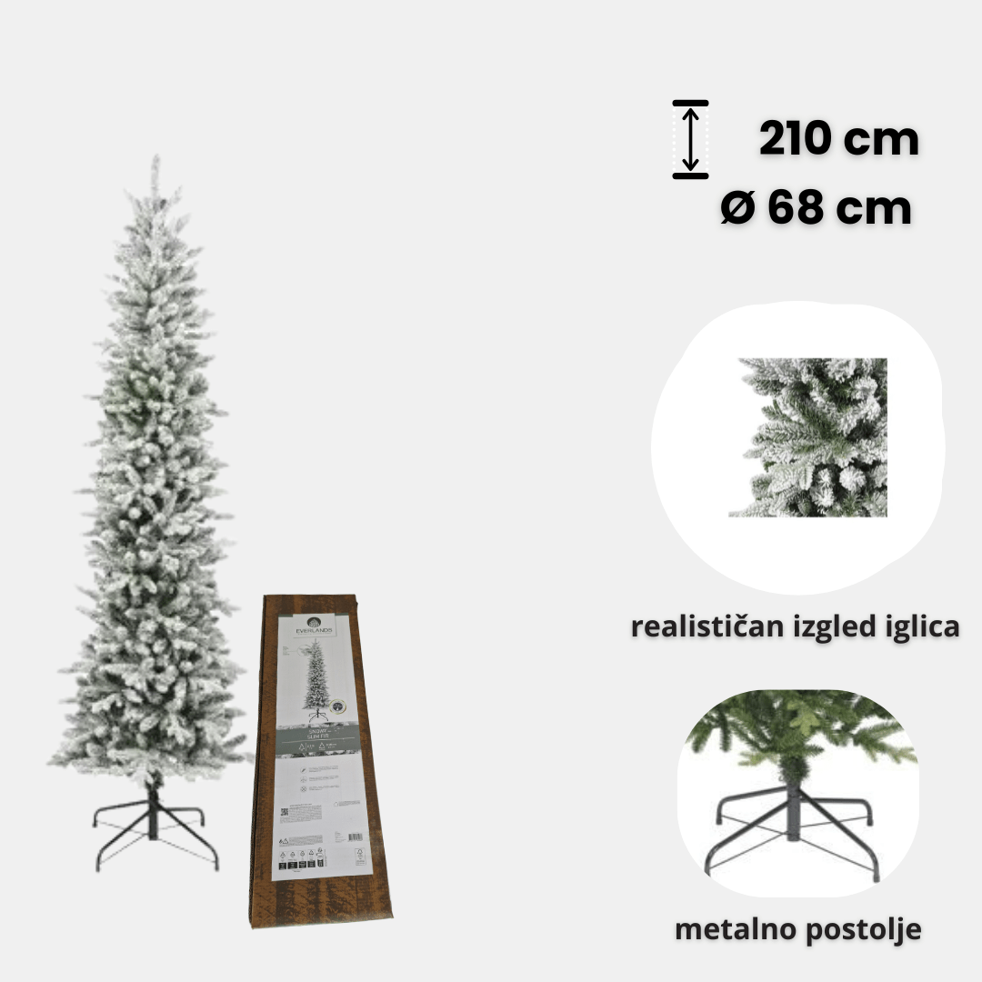 Everlands Snowy Slim Fir 210 cm – uska snježna jelka, Ø 68 cm, metalno postolje