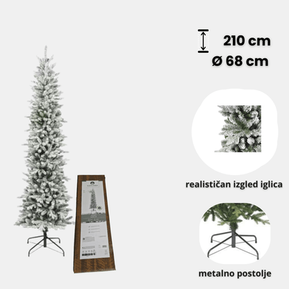 Everlands Snowy Slim Fir 210 cm – uska snježna jelka, Ø 68 cm, metalno postolje