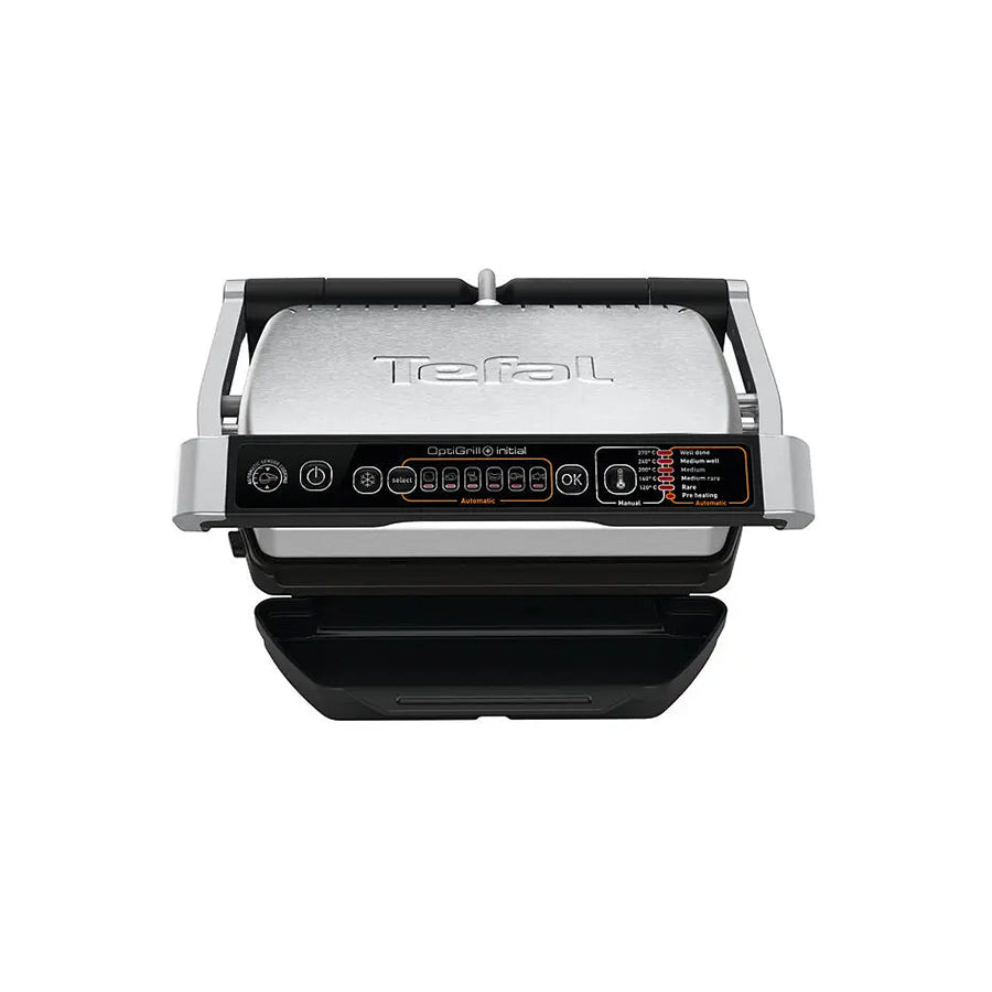 Električni roštilj Tefal OptiGrill GC706D34 od marke Omega, prikazan na slici s roštiljem i pladnjem za hranu.
