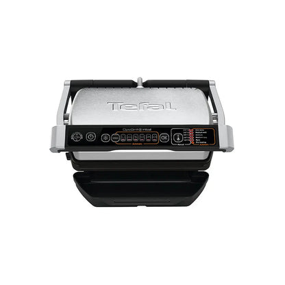 Električni roštilj Tefal OptiGrill GC706D34 od marke Omega, prikazan na slici s roštiljem i pladnjem za hranu.