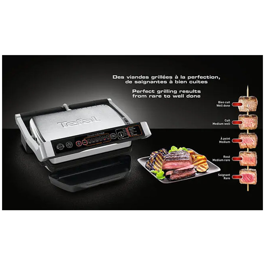 Električni roštilj Tefal OptiGrill GC706D34 s crnom površinom i upravljačem, prikazan na slici.