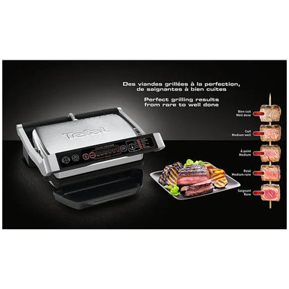 Električni roštilj Tefal OptiGrill GC706D34 s crnom površinom i upravljačem, prikazan na slici.
